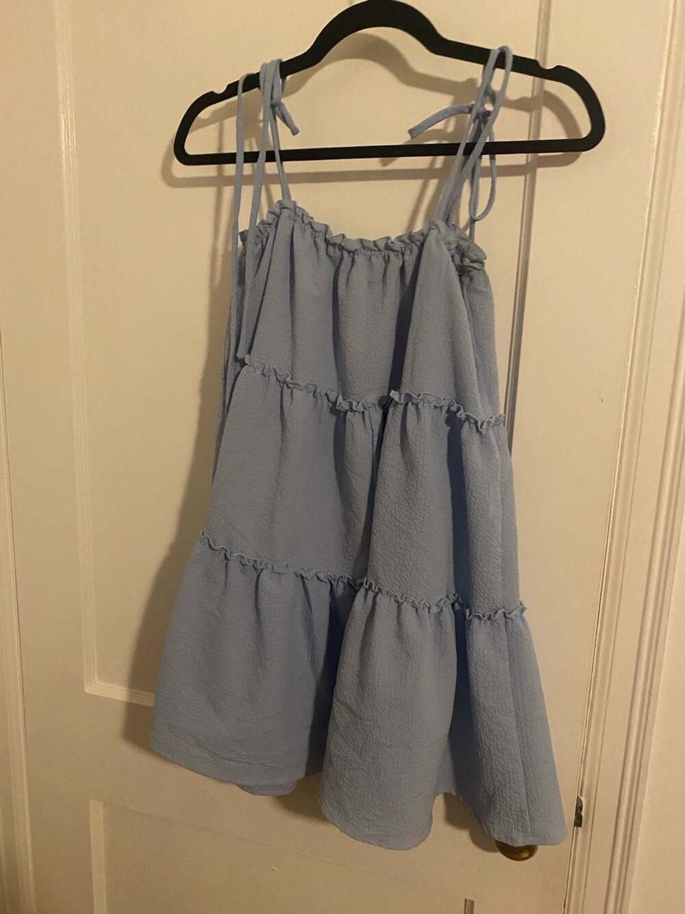 Fashion Nova Baby Blue Crinkle Tiered Tie-Strap Mini Dress